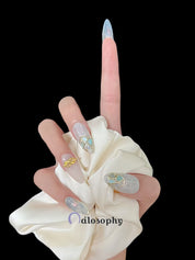 Crystal Blue Opal Press-On Nails – Coffin Shape with Gold Foil & Gemstone Embellishments