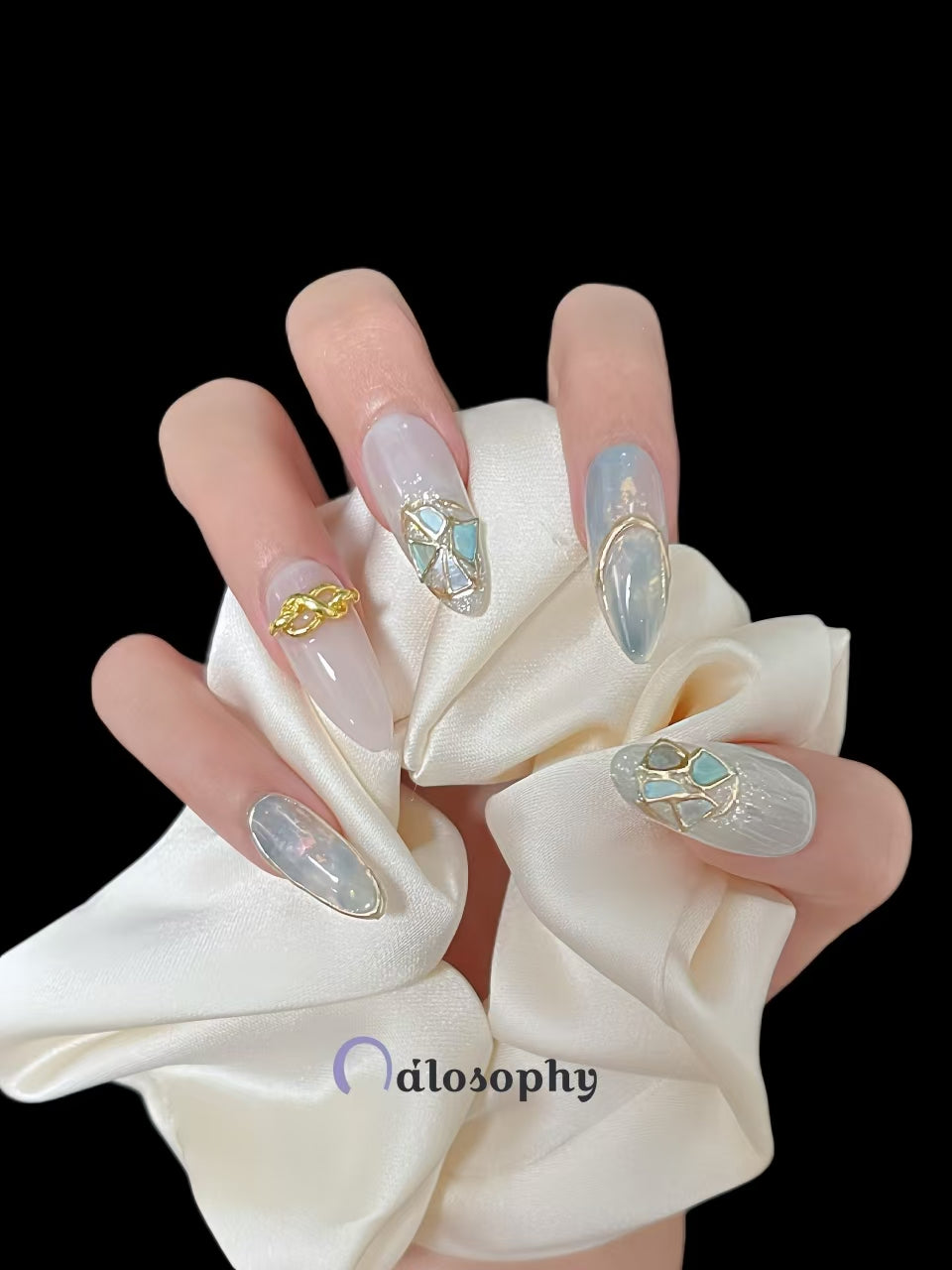 Crystal Blue Opal Press-On Nails – Coffin Shape with Gold Foil & Gemstone Embellishments