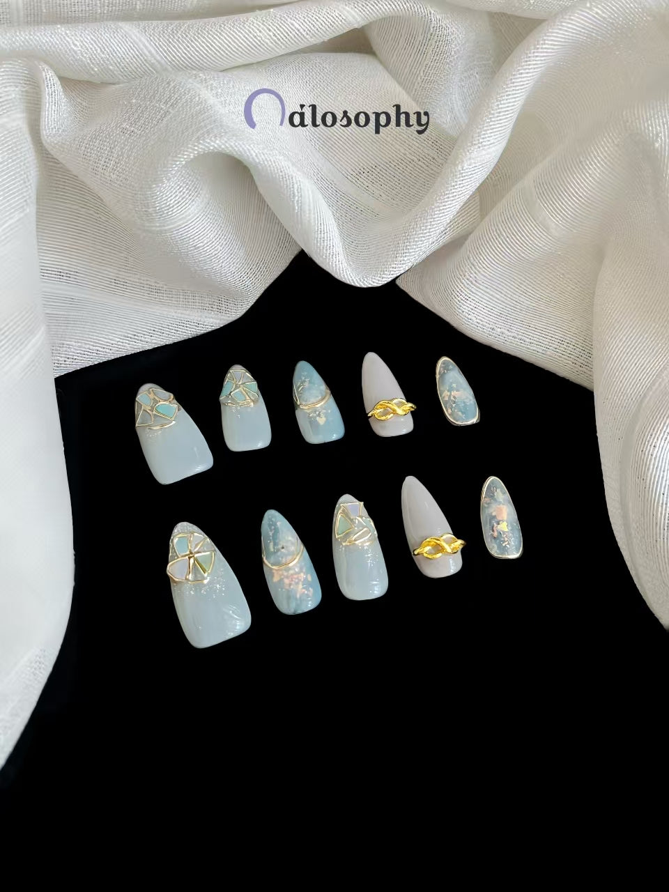 Crystal Blue Opal Press-On Nails – Coffin Shape with Gold Foil & Gemstone Embellishments