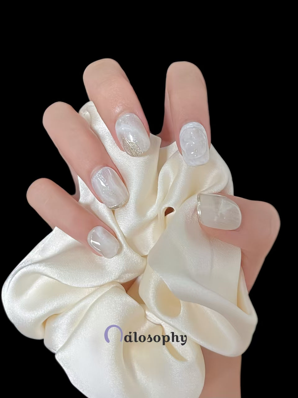 Pearl White Marble Press-On Nails – Short Square with Gold Foil Accents