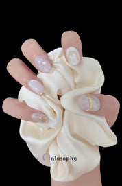 Lavender Marble Press-On Nails – Short Oval with Gold Foil & 3D Accents