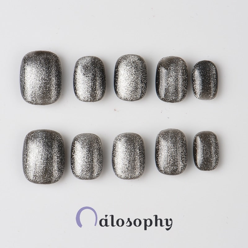 ネイルチップ マグネットネイル シルバーラメ キャッツアイ スクエア型 10枚セット 工具付き 貼るだけ リユース可能