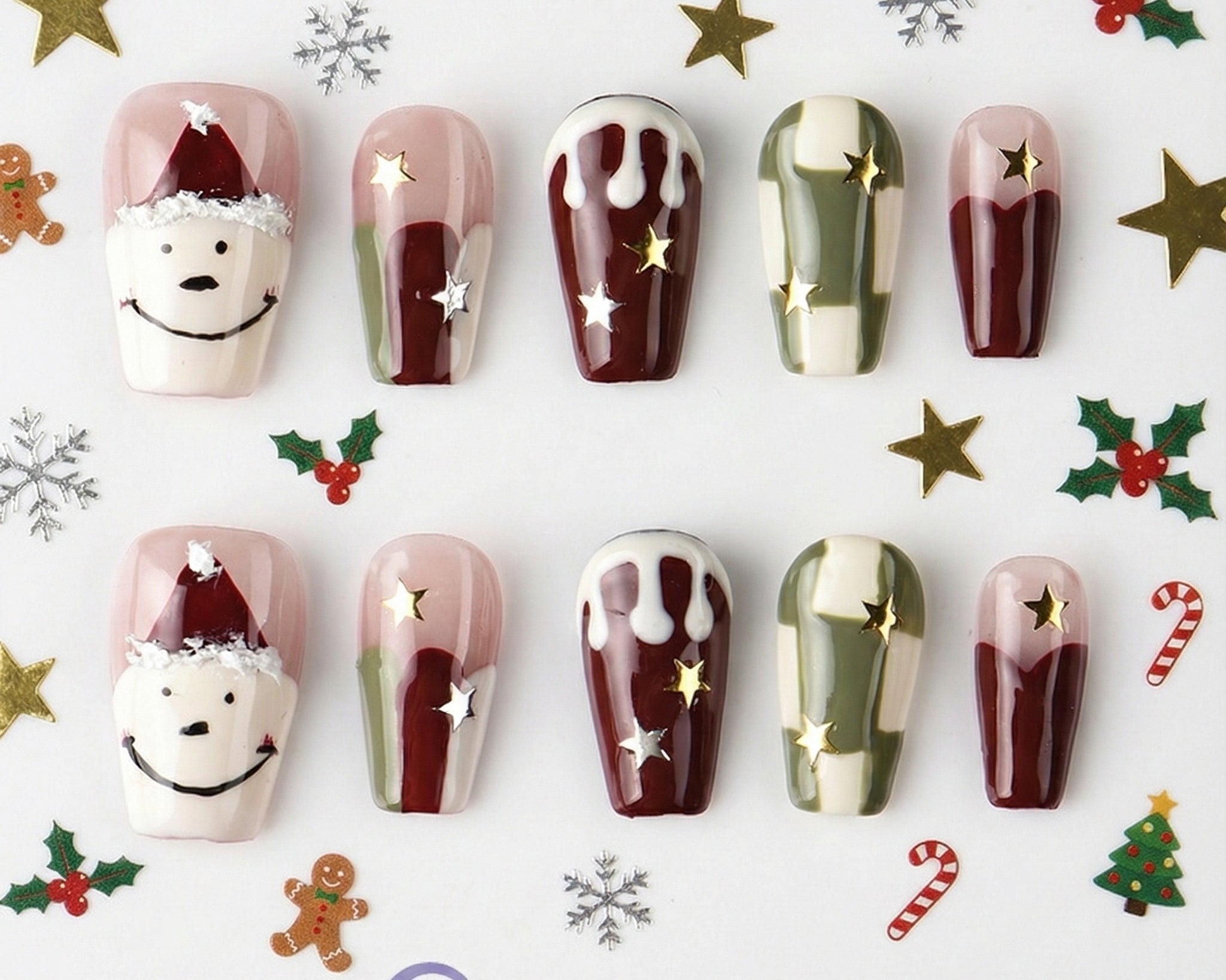 クリスマス限定Xmas 聖夜を彩る雪だるま＆チェック柄 レッド×グリーン スクエア ネイルチップ 星 10枚セット【工具付き】