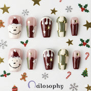 クリスマス限定Xmas 聖夜を彩る雪だるま＆チェック柄 レッド×グリーン スクエア ネイルチップ 星 10枚セット【工具付き】