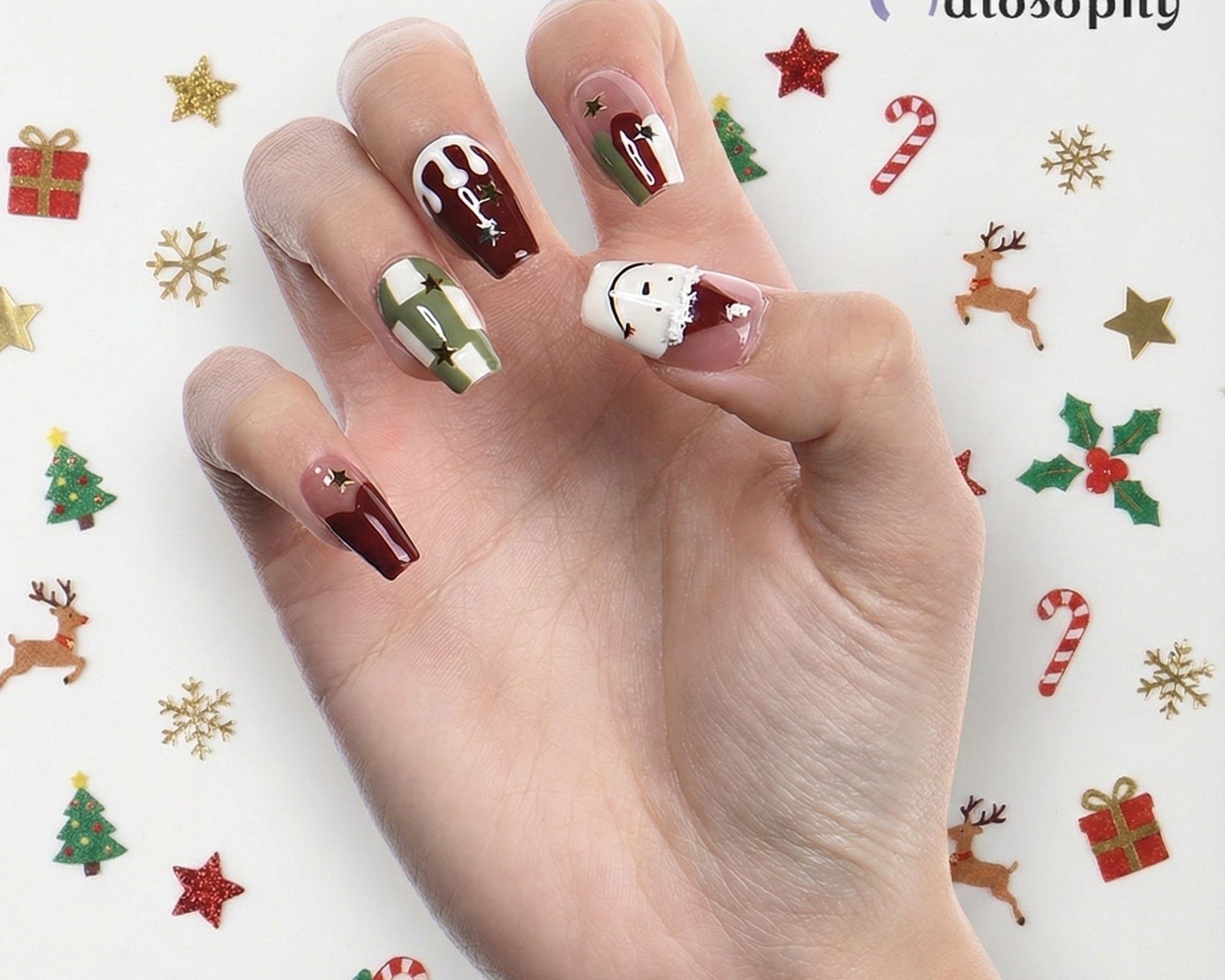 クリスマス限定Xmas 聖夜を彩る雪だるま＆チェック柄 レッド×グリーン スクエア ネイルチップ 星 10枚セット【工具付き】
