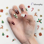 クリスマス限定Xmas 聖夜を彩る雪だるま＆チェック柄 レッド×グリーン スクエア ネイルチップ 星 10枚セット【工具付き】