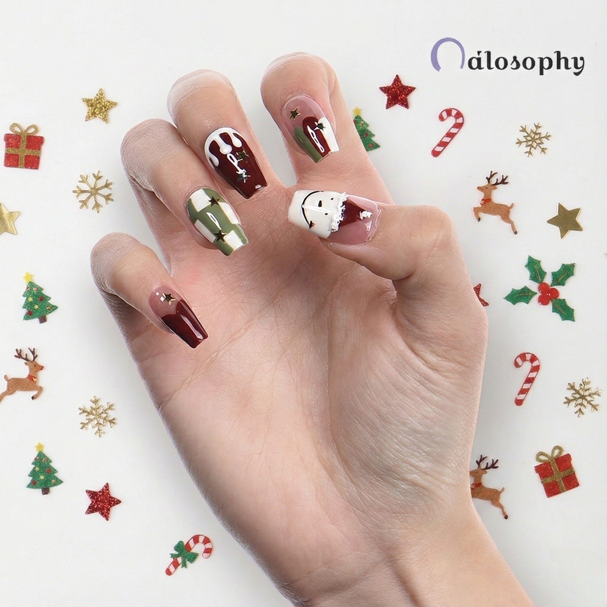 クリスマス限定Xmas 聖夜を彩る雪だるま＆チェック柄 レッド×グリーン スクエア ネイルチップ 星 10枚セット【工具付き】